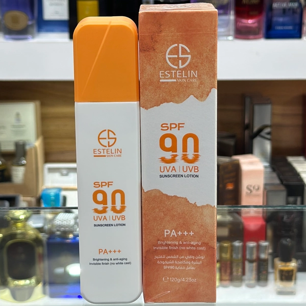 ضد آفتاب فلویید بی رنگ استلین اصل روشن کننده و ضد چروک با spf90 نارنجی رنگ مناسب انواع پوست 120 گرم | ESTELIN Sunscreen Lotion Brightening & anti-aging Spf90 Invisible finish 120gr